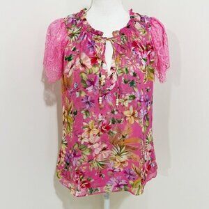 Hale Bob Kailani Pink Floral Tropical Top Lace Short Sleeves Size S